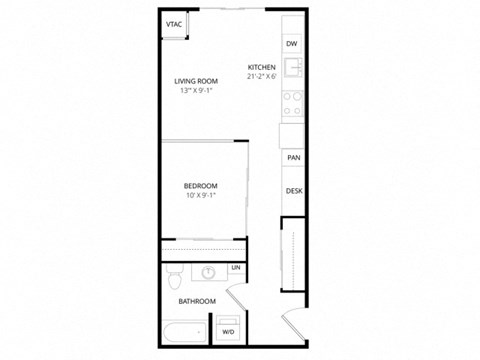 Floor plan for 1 bed, 1 bath, 563 sqft